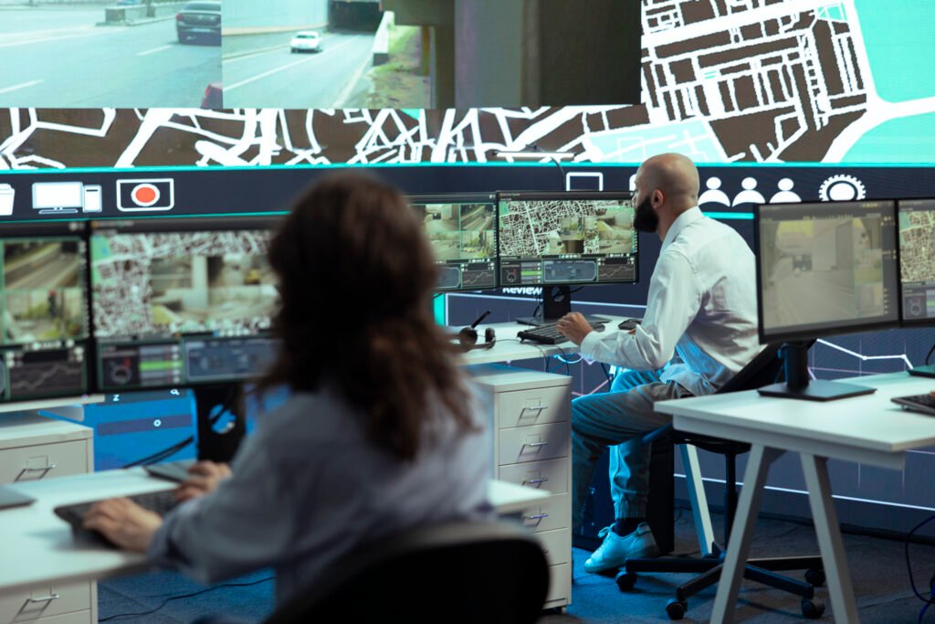 diverse employees giving gps coordinates couriers via satellite navigation scaled 1