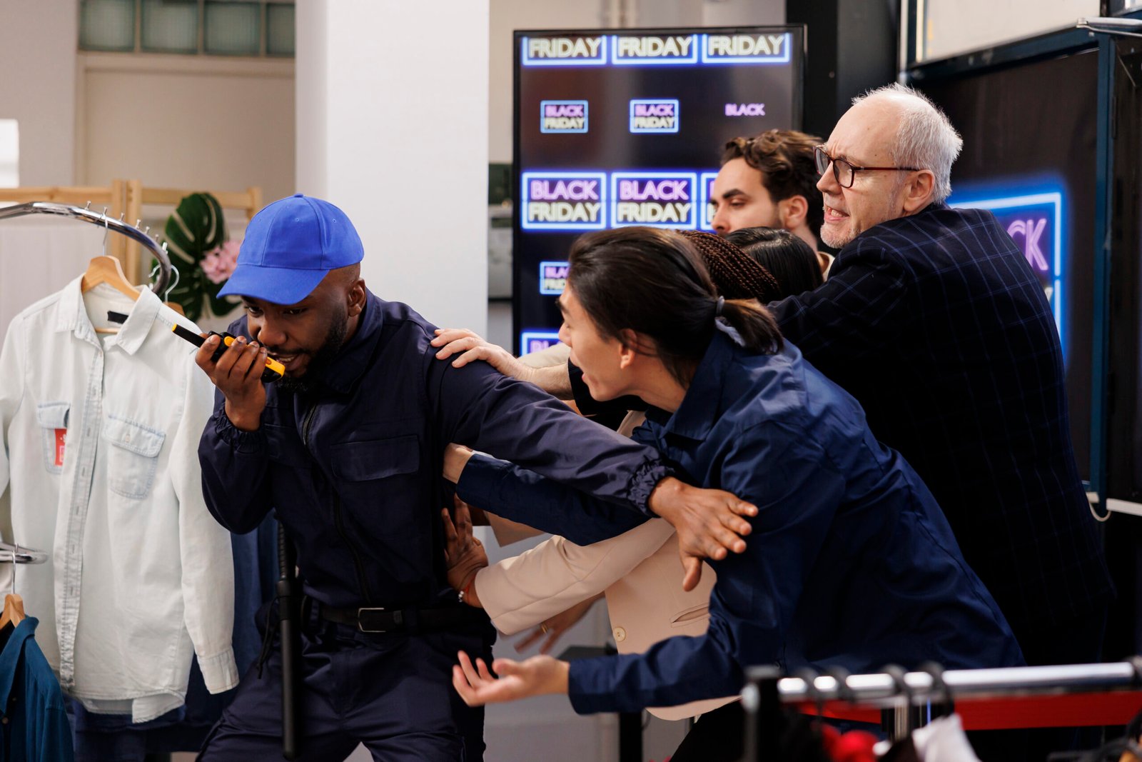 security guard using walkie talkie handling crowd angry aggressive people trying break into shopping mall black friday crazy anxious shoppers breaking into store buy things sale scaled